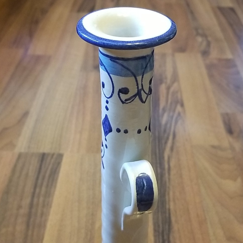 Vintage Tall Italian Pottery Blue & Cream Floral Chamberstick Candle Holder - Picture 5 of 11